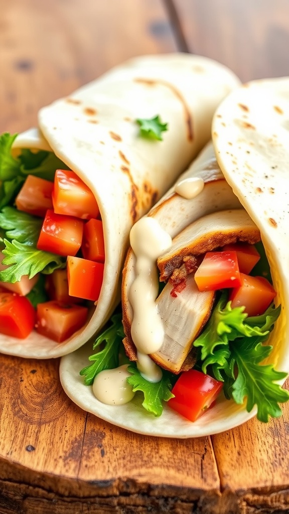 Garlic chicken wrap filled with chicken, lettuce, and tomatoes, cut in half, on a wooden table.